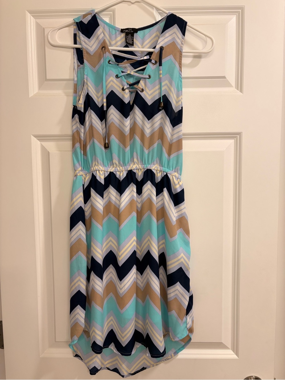 Rue21 Chevron Lace-Up Sleeveless Dress in Aqua, Navy & Tan